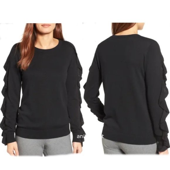 HALOGEN Ruffle Sleeve Sweater HA366332MI Black - Picture 1 of 3